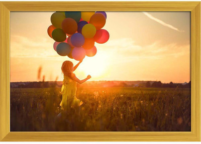 Artzfolio Little Girl With Balloons In The Field Tabletop Painting Golden Frame 11.5inch x 8inch (29.2cms x 20.3cms) Digital Reprint 8.5 inch x 12 inch Painting(With Frame)