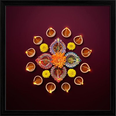 Artzfolio Traditional Photo of Colorful Diwali Diya Lamps Canvas Painting Black Wooden Frame 20inch x 20inch (50.8cms x 50.8cms) Digital Reprint 20.5 inch x 20.5 inch Painting(With Frame)