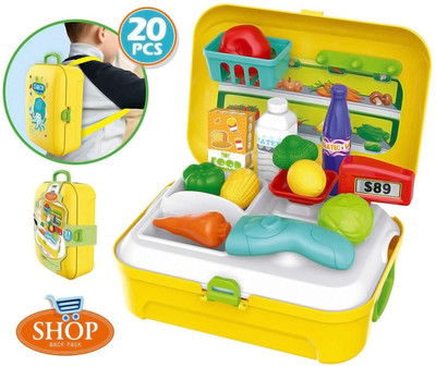TradVision 21 Pcs Pretend Play Supermarket Cash Register Back Pack Kit Shop Carry Case Role Play Set