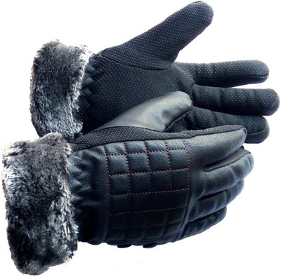Frackson Leather Check Wind & Snow Proof Warm Winter Cycling Bike Men Women Gym Protective Riding Gloves(Black)