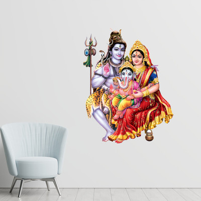 Masstone 55 cm Lord Shiva And Parvati with Ganesha Religious God Self Adhesive Sticker(Pack of 1)