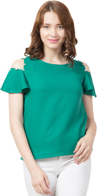 ADDICTED ATTIRE Casual Short Sleeve Solid Women Green Top