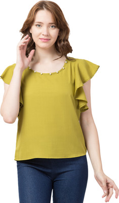 ADDICTED ATTIRE Casual Short Sleeve Solid Women Green Top