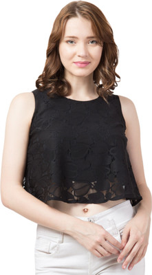 ADDICTED ATTIRE Casual Sleeveless Self Design Women Black Top