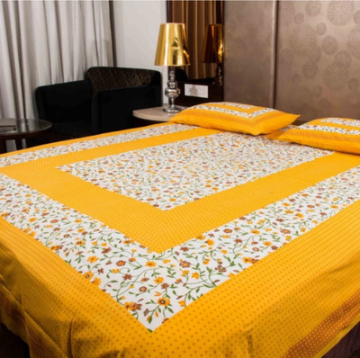VIKANJALI FAB 104 TC Cotton Double Jaipuri Prints Flat Bedsheet(Pack of 1, Yellow)