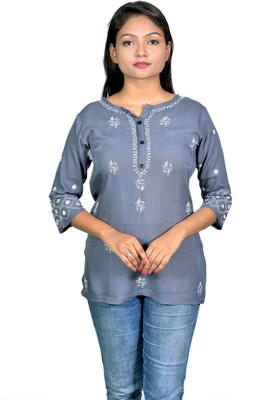 club fashion Women Chikan Embroidery Straight Kurta(Grey)