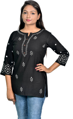 club fashion Women Chikan Embroidery Straight Kurta(Black)