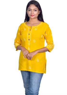 club fashion Women Chikan Embroidery Straight Kurta(Yellow)