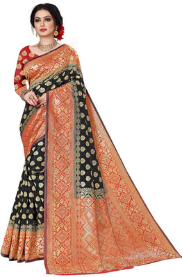Kanooda Prints Woven Banarasi Jacquard Saree(Black)