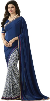 Fancy Fab Geometric Print, Striped, Polka Print, Solid/Plain, Checkered Daily Wear Georgette Saree(Dark Blue, White)