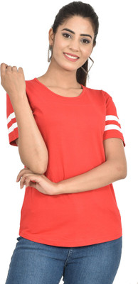 YOUTHQUAKE Striped Women Round Neck Red T-Shirt