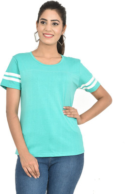 YOUTHQUAKE Striped Women Round Neck Light Green T-Shirt
