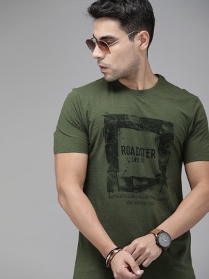 Roadster Printed Men Round Neck Dark Green T-Shirt