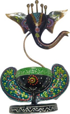 Mishita Collections Iron Handicraft Ganesha Tea Light Holder with Green Color Embossed Painting for Decoration & Gifts Cast Iron Candle Holder(Multicolor, Pack of 1)