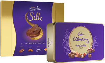 Cadbury Dairy Milk Silk Miniatures Chocolate Gift Box Bars (240 g) + Celebrations Rich Dry Fruit Chocolate Gift Pack, 177 g Brittles (177 g) Bars, Brittles (2 x 208.5 g)