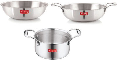 HAZEL Triply Stainless Steel Induction Bottom Kadhai and Tasra 1.5 Litre, Tope With Handle 3.6 Litre Induction Bottom Cookware Set(Stainless Steel, 3 - Piece)