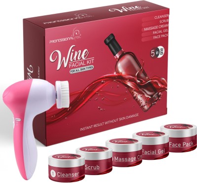 PROFESSIONAL FEEL Red Wine Facial Kit With Face Massager sp. combo, Suitable For all Age, Unisex For Fairness, Best In-stat Glow Facial Kit Ever in INDIA (Set OF 5) (250 G)(5 x 50 g)