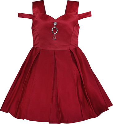 Wishkaro Girls Midi/Knee Length Party Dress(Maroon, Sleeveless)