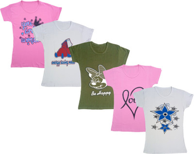Indistar Girls Printed Cotton Blend Regular T Shirt(Multicolor, Pack of 5)