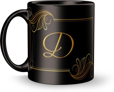 Plakasha creations D Letter Design printed mug Gift Black Ceramic Coffee Mug(330 ml)