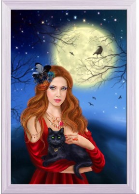 Artzfolio ArtzFolio Night Landscape with Sorcerer, Moon, & Black Cat Canvas Painting White Wooden Frame 16inch x 23.5inch (40.6cms x 59.7cms) Digital Reprint 16.5 inch x 24 inch Painting(With Frame)