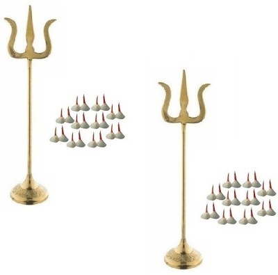 Utkarsh Combo of 2 Pcs Trishul ( 2 No ) Statue With Round Stand With 2 Pcs Phool Batti Cotton Wicks (20 Pcs Wicks in Each Packet) Brass(Gold)