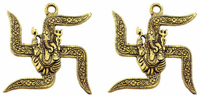 Anjaneya Wall Hanging of 2 Lord Ganesha on Swastik Showpiece for Door, Vastu Items, Home Decor Decorative Showpiece  -  10 cm(Metal, Gold)