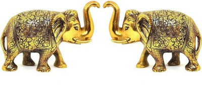anil job works Metal Decorative Elephant Set of 2 Trunk Up Antique Golden Finish Showpice - Lucky Figurine Decorative Showpiece  -  8 cm(Metal, Gold, Black)