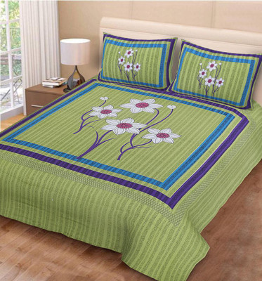 Kagzi Store Cotton Queen Flat 280 TC Printed Bedsheet(Pack of 1, Green)