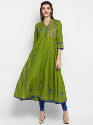 G Kurties Women Printed Flared Kurta(Green)