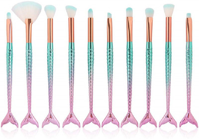 angelie 10 pcs Mermaid Eyeshadow Eyeliner Blending Crease Kit Makeup Brushes Make Up Foundation Eyebrow Eyeliner Blush Cosmetic Concealer Brushes(Pack of 10)