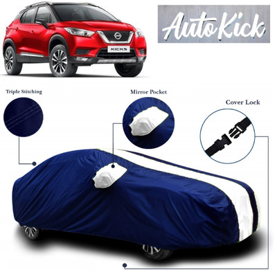 AutoKick Car Cover For Nissan Kicks (With Mirror Pockets)(White, Blue)