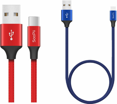 Soopii USB Type C Cable 2 A 1 m Nylon Premium Charging Pack of 2(Compatible with mobile, Red & Blue, Pack of: 2)