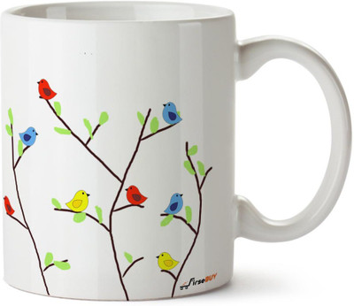 FirseBUY Beautiful Multi-Color Birds on Tree Printed Ceramic Coffee Mug(325 ml)