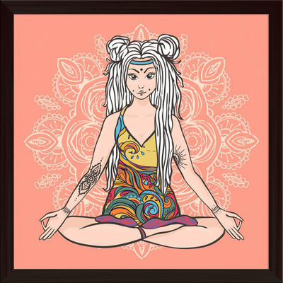 Artzfolio ArtzFolio Hippie Girl With Dreadlocks in Yoga Poses Tabletop Painting Dark Brown Frame 14inch x 14inch (35.6cms x 35.6cms) Digital Reprint 14.5 inch x 14.5 inch Painting(With Frame)