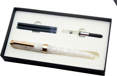 Ledos Handmade Click Falcon Premium Acrylic Polar White Golden Medium Nib Fountain Pen(Ink Color - Blue)