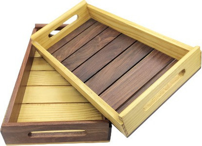 manzees Handamde Pine-RoseWood Serving Tray Set of 2 - Stripped Wooden Tray - Great for Food and Drink - Wood Serving Tray // Standard Size Brown Tray (2 Tray) Tray(2 Tra