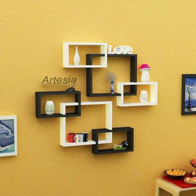 Creative Shoppee WALL SHELF WOODEN WALL SHELVES OF 6 ATTCH SET COLOR WHITE BLACK Wooden, MDF (Medium Density Fiber) Wall Shelf(Number of Shelves - 6, White, Black)