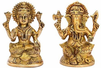 Idolsplace Brass Made Dhan Laxmi Idol with Lord Ganesha Idol foe Diwali Pooja in Home Temple 2 inches Decorative Showpiece  -  4 cm(Brass, Gold)