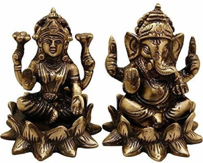 Idolsplace Brass Laxmi Ganesh Idol On Lotus Set/Diwali Pooja Idols Dhan Laxmi and Ganesha on Kamal Perfect Diwali Gift 1400gms Decorative Showpiece  -  11 cm(Brass, Gold)