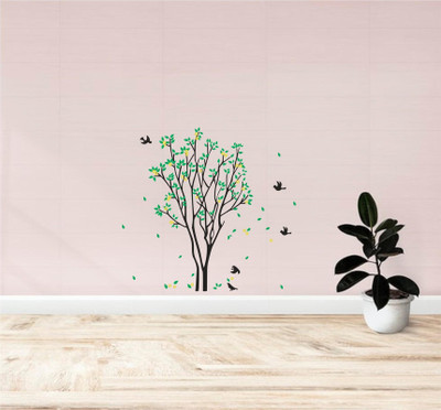 Decor studio 60 cm green tree with birds multicolor wall sticker for home (81x86cm) Reusable Sticker(Pack of 1)