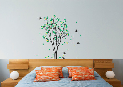 Byte Studio 60 cm green tree with birds multicolor wall sticker for home (81x86cm) Reusable Sticker(Pack of 1)