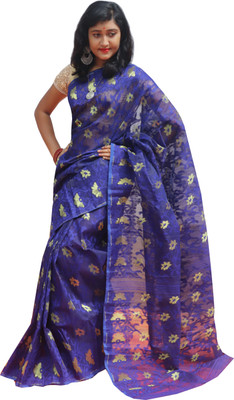 Panchanan Woven Jamdani Cotton Silk Saree(Blue)