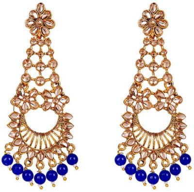 JEWELS GURU Traditional Gold Plated Kundan Pearl Blue Danglers For Women And Girls Cubic Zirconia, Beads Alloy Drops & Danglers