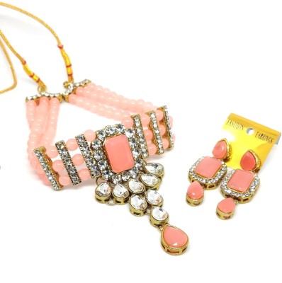 JewelShadi Brass Gold-plated Pink Jewellery Set(Pack of 1)