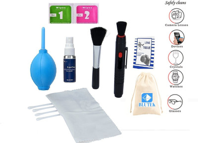 blutek Professional 9 IN 1 Multi-Purpose Cleaning Kit for Cameras, Lenses, Binoculars, LCD, Laptops, Desktops, Keyboards, etc, Includes Cloth, Brush, Liquid Solution, Powerful Dust Blower, Cotton Swabs, Magic Lenspen ,Cleaning Tissue Lens Cleaner,Wet wipes,Dry wipes (20 ml, 4x4 inch, Cotton Pouch Pa