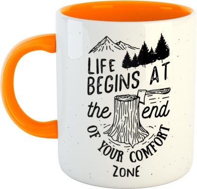 ARTBUG Life Begins at The end of Your Comfort Zone - Best Motivational Quote Cup for Family and Friends -Orange Ceramic Coffee Mug(350 ml)