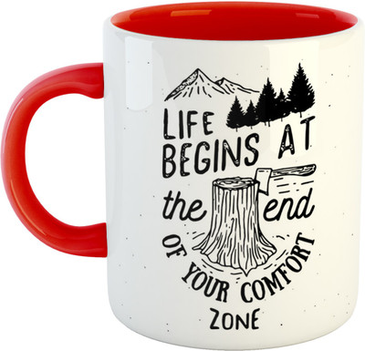 ARTBUG Life Begins at The end of Your Comfort Zone - Best Motivational Quote Cup for Family and Friends -Red Ceramic Coffee Mug(350 ml)