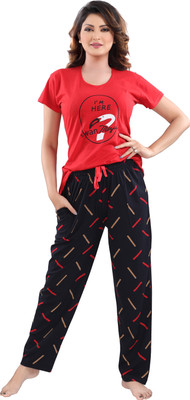 DZZO Women Printed Red Top & Pyjama Set