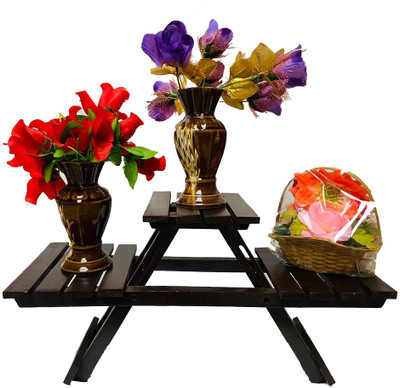 sk handicraft 3 Tier Pot Stand/Garden Rack/Bathroom Rack/Multipurpose Stand and Folding Wooden (Brown) Plant Container Set(Wood)